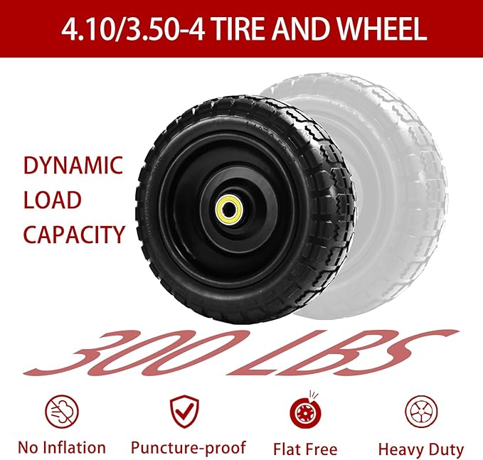 10" Solid Tires (4-Pack) - 4.10/3.50-4 Flat-Free Replacement Wheels for Gorilla Carts, Wheelbarrows, Garden Carts & Utility Wagons - 5/8" Axle Bore 2.1" Hub