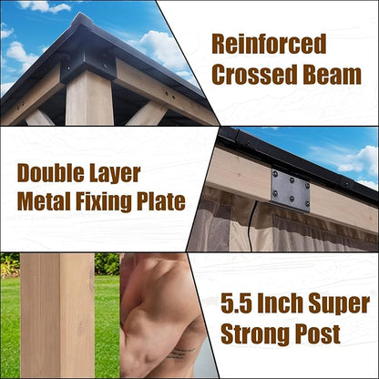 CHARMELEON 12'x20' Cedar Wood Gazebo Hardtop - Wooden Gazebos with Dual Metal Roof - Permanent Outdoor Gazebo - Large All Weather Patio Gazebo for Backyard, Deck & Garden - with Curtains & Netting