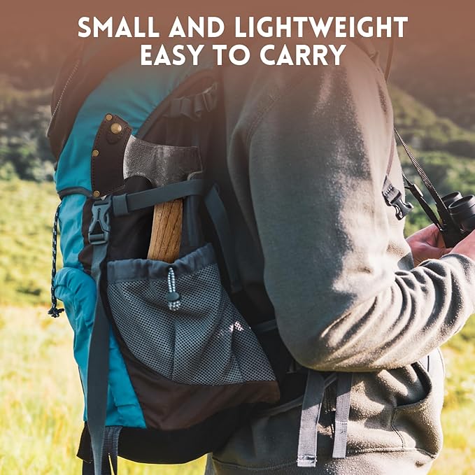 Small Camping Axe with Leather Sheath, 8.46" Backpacking Hatchet with Wooden Handle, Splitting Axe for Jungle, Gardening, Hunting, Survival