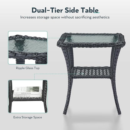 5 Piece Patio Furniture Set - Wicker Patio Conversation Set with Swivel Glider, 3 Seat Sofa, Tempered Glass Side Table and Coffee Table for Deck Backyard - Black Wicker Beige Cushion