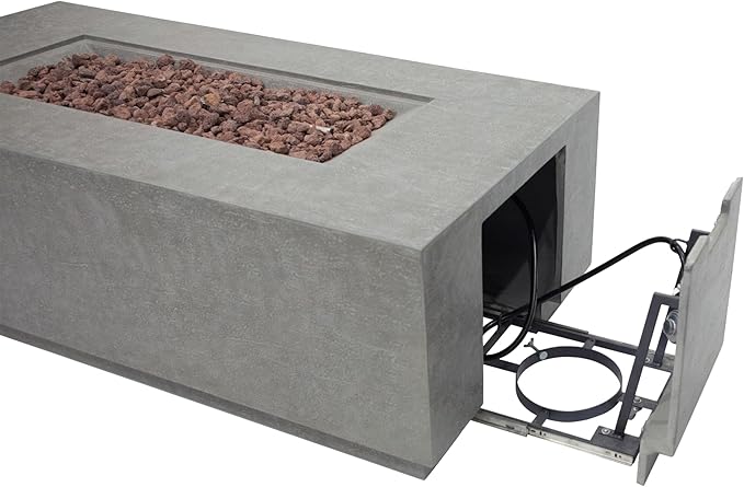 ELEMENTI Andes Propane Gas Fire Pit Table | Rectangular Concrete Fireplace with Concealed Propane Tank Storage Drawer | Electronic Ignition | Light Gray