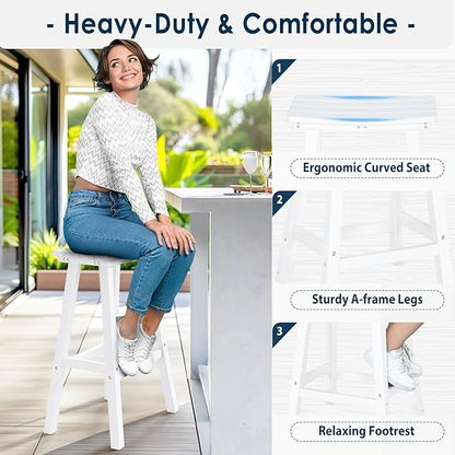 nalone 29 Inch Outdoor Bar Stool, HDPE Bar Chairs with Footrest, Weather Resistant Waterproof Bar Stools Outside Bar Height Stools for Bar, Kitchen Counter, Yard, Balcony(White, 29'' Barstools)