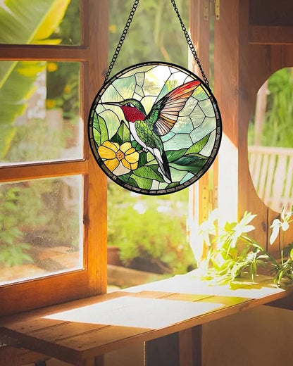 Stained Glass Window Hanging, Green Hummingbird Sun Catcher for Door Home Decor, Birds Suncatcher Christmas Mother's Day Birthday Gifts for Bird Lovers Women Men Mom and Nana 15 in