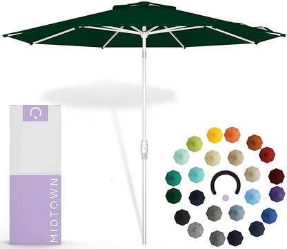 Midtown Umbrellas The Swilt 8 Feet Patio Umbrella in Sunbrella Forest Green Acrylic Fabric - Fiberglass Ribs, Auto-Tilt Aluminum Frame For Backyard, Deck, Garden, Pool - White Pole