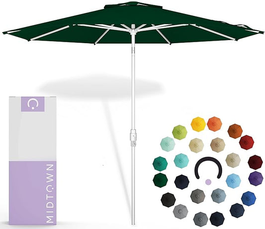 Midtown Umbrellas The Swilt 8 Feet Patio Umbrella in Sunbrella Forest Green Acrylic Fabric - Fiberglass Ribs, Auto-Tilt Aluminum Frame For Backyard, Deck, Garden, Pool - White Pole