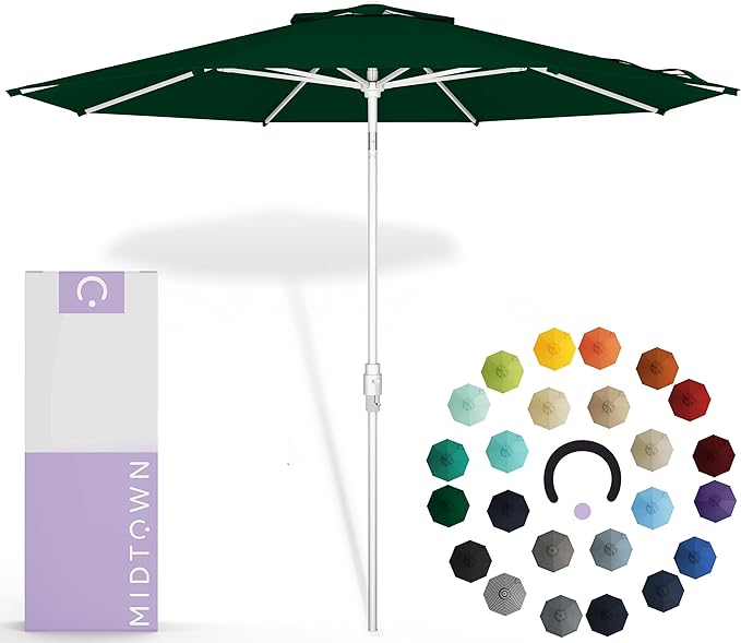 Midtown Umbrellas The Swilt 9 Feet Patio Umbrella in Sunbrella Forest Green Acrylic Fabric - Fiberglass Ribs, Auto-Tilt Aluminum Frame For Backyard, Deck, Garden, Pool - White Pole