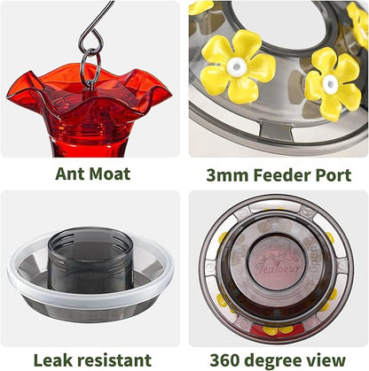 Hummingbird Feeder for Outdoors Hanging, 18 OZ Humming Birds Feeders with 6 Bee Guard Feeding Ports & Built-in Ant Moat, Easy to Clean, Durable Outdoor Garden Decor (Red 2 Pack-CC)
