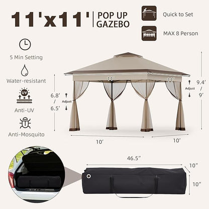 Bezseller 11x11 Pop Up Gazebo Tent with Mosquito Netting – Quick Set Up, Water-Resistant Outdoor Canopy for Patio, Garden, Backyard, and More,Khaki