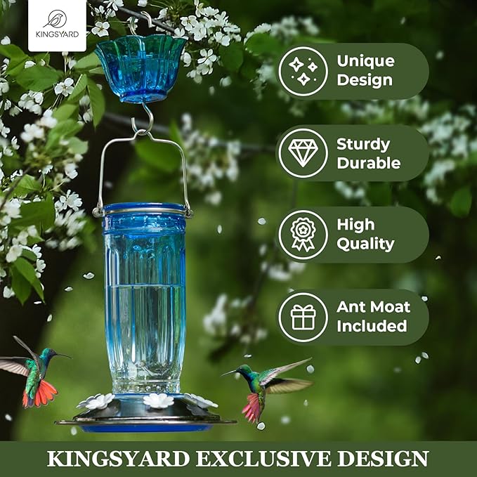 Kingsyard 2 Pack Glass Hummingbird Feeder for Outdoors, 16 Oz Wild Bird Feeder with 6 Feeding Ports Hanging for Garden Yard, Blue (Ant Moat Included)