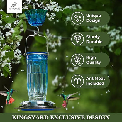 Kingsyard 2 Pack Glass Hummingbird Feeder for Outdoors, 16 Oz Wild Bird Feeder with 6 Feeding Ports Hanging for Garden Yard, Blue (Ant Moat Included)