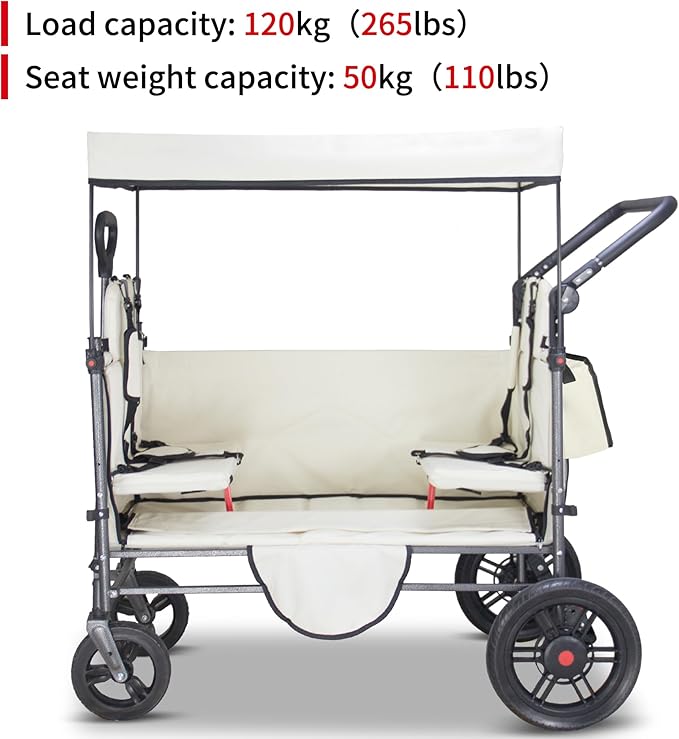 TMZ Collapsible Wagon Cart with Side-Opening Seat Conversion Design, Foldable Utility Wagon with 2 Seats, Heavy Duty Wagon 265 lbs Load Capacity (Beige)
