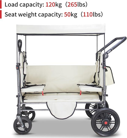 TMZ Collapsible Wagon Cart with Side-Opening Seat Conversion Design, Foldable Utility Wagon with 2 Seats, Heavy Duty Wagon 265 lbs Load Capacity (Beige)