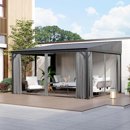 MOUMON 12x14Ft Hardtop Gazebo, Aluminum Frame Wall Mount Outdoor Gazebo with Netting & Curtains, Sloping Galvanized Iron Roof, Sun Shade Pergola Canopy for Patio Garden Backyard, Black Grey