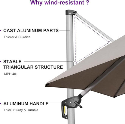PURPLE LEAF 10ft Cantilever Outdoor Patio Umbrella Large Heavy Duty 360° Rotation Double Top Offset Rectangular Umbrellas for Backyard Deck Pool, Cast Ash