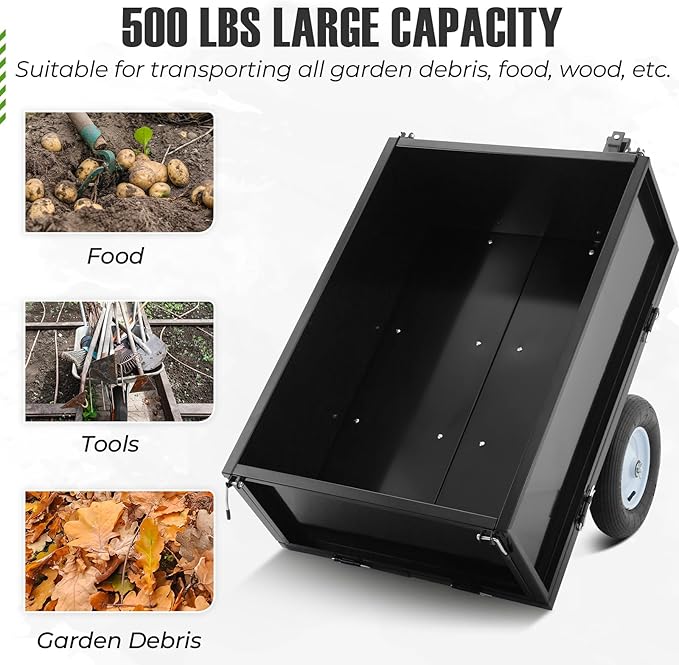 Heavy Duty Steel Dump Trailer, 500 LBS/11.4 Cu.Ft Capacity Garden Dump Cart for Lawn Mower, Utility Trailer with Removeable Rear Panel, Designed for Tractor, ATV, UTV, Black