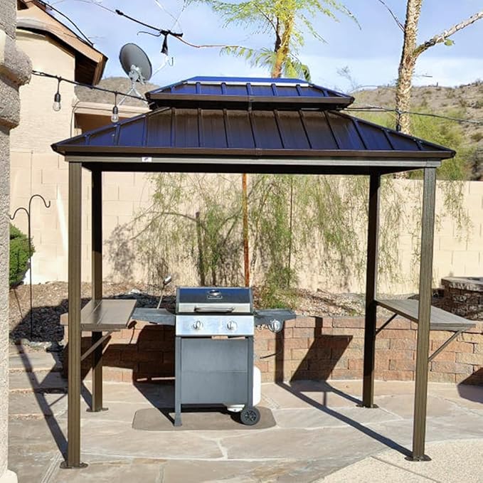 PURPLE LEAF 6' X 9' Hardtop Grill Gazebo for Patio Permanent Metal Roof with 2 Side Shelves Deck Yard Tent Aluminum Garden Outside Sun Shade Outdoor BBQ Canopy