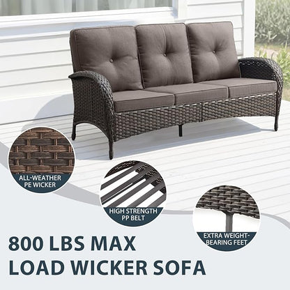 7 Piece Patio Furniture Set with Fire Pit Table - Wicker Patio Conversation Set with Swivel Glider, 3 Seat Sofa, Side Table and 2 Ottomans for Deck Backyard - Brown Wicker Grey Cushion