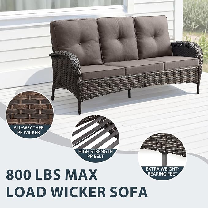5 Piece Patio Furniture Set with Fire Pit Table - Wicker Patio Conversation Set with Swivel Glider, 3-Seat Sofa, Tempered Glass Side Table for Deck Backyard - Brown Wicker Grey Cushion