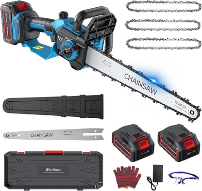Chainsaw Cordless 12 Inch,Electric Chain Saw with 2pcs 4000mAh Rechargeable Batteries,Battery Powered Handheld Saw for Trees Trimming Wood Cutting,Perfect Gardening Tools for Thick Branches and Logs