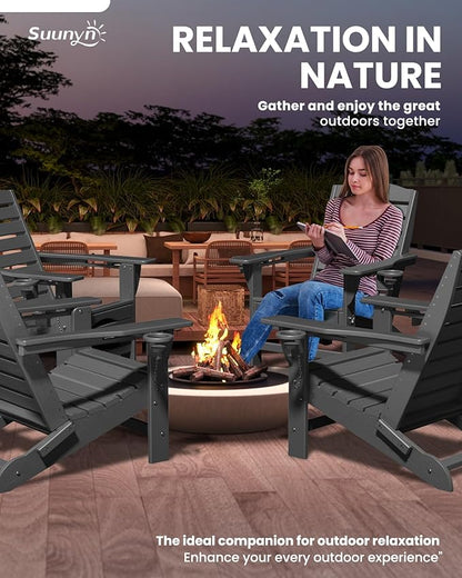 Folding Adirondack Chair with Retractable Ottoman Weather Resistant Fire Pit Chair Patio Chair with 2 Cup Holder Lawn Outdoor Lounge Chairs (Grey)