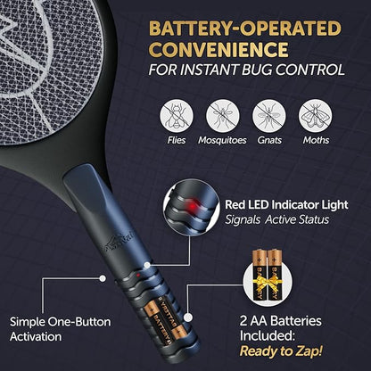 Bug Zapper Racket - Electric Fly Swatter & Mosquito Zapper for Indoor/Outdoor Insect Control - Battery-Operated Tennis Racket Zap - Lightweight & Portable High Voltage Bug Zapper - Black Mamba