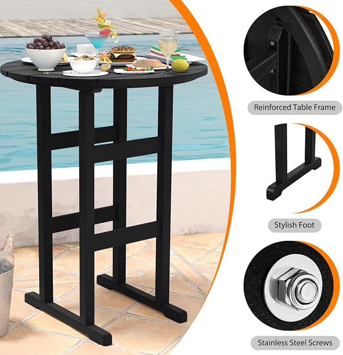 Sundale Outdoor Adirondack Round Bar Table, 39 Inch Height Patio Large Pub Table for 4, All Weather HDPE High Top Bistro Counter Table for Outside Deck Porch Balcony Poolside, Black