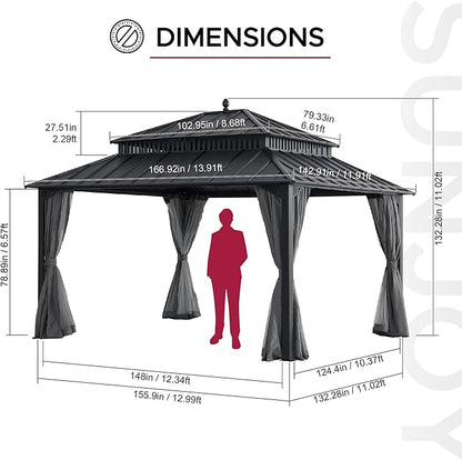 SUNJOY Kingston 14' x 12' Hardtop Gazebo with Galvanized Steel Double Roof, Curtain and Netting, Gray Aluminum Posts Permanent Pavilion Gazebo for Garden, Patio, Deck, Lawn