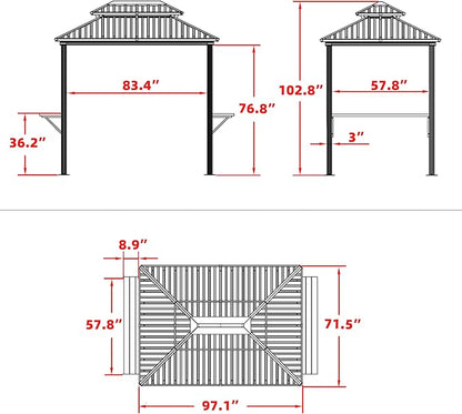 PURPLE LEAF 6' X 8' Hardtop Grill Gazebo for Patio Permanent Metal Roof with 2 Side Shelves Deck Yard Tent Aluminum Garden Outside Sun Shade Outdoor BBQ Canopy