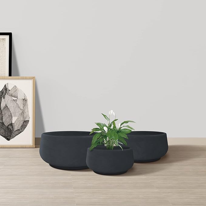Kante 21.6",16.9",and 12.5" Dia Round Charcoal Elegant Planters (Set of 3), Outdoor Indoor Garden Plant Pot with Drainage Hole and Rubber Plug for Home & Patio