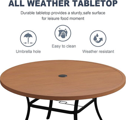 VICLLAX 60" Outdoor Round Patio Dining Table for 8-10, All Weather Metal Dining Table with Umbrella Hole for Deck Lawn Garden Backyard, Walnut