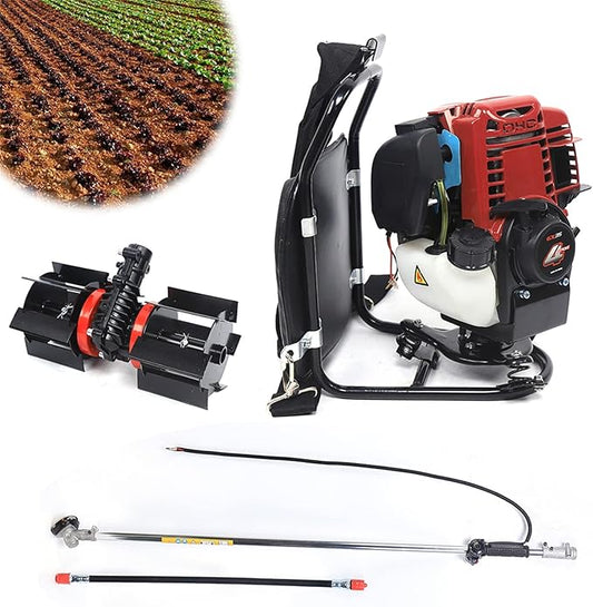 3 in 1 Multi-Function Tiller Cultivator 35.4CC 4 Stroke Backpack Brush Cutter,Gas Powered Hedge Trimmer Air-Cooled Single Cylinder Digging Tool for Garden, Yard and Farm Remove Weeds Soil Cultivation