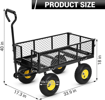 Heavy Duty Steel Garden Cart, 550 LBS 3 in 1 Pullable Metal Garden Wagon with 10" Wheels, 180° Rotating Handle and Removable Sides for Farm, Yard