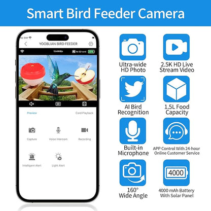 Smart Bird Feeder with Camera Solar Powered, 2.5K HD AI Identify 10000+ Species, Color Night Vision, 1.5L Bamboo Wood Feeder House Outside, Auto Capture & Notify, Ideal Gift for Bird Lovers