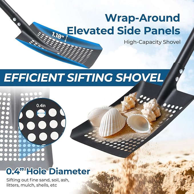 Beach Sifter Sand Scoop for Treasure Hunting, 47" Adjustable Metal Sand Sifter Shovel with Comfort Grip for Kids & Adults, High Sides for Shells & Relics