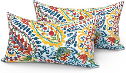 LVTXIII Set of 2 Outdoor Lumbar Pillows for Patio Furniture with White Piping, 12"x20" Fade Resistant Patio Lumbar Pillows with Inserts for Home Coach Sofa Use, Paisley Multi