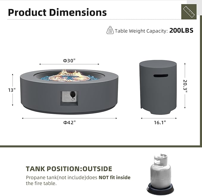 UPHA 42-inch Outdoor Propane Gas Fire Pit Table 50000 BTU Concrete Round FirePit for Outside Patio with Propane Tank Cover, Blue Glass Rocks, Rain Cover, Grey
