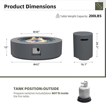 UPHA 42-inch Outdoor Propane Gas Fire Pit Table 50000 BTU Concrete Round FirePit for Outside Patio with Propane Tank Cover, Blue Glass Rocks, Rain Cover, Grey