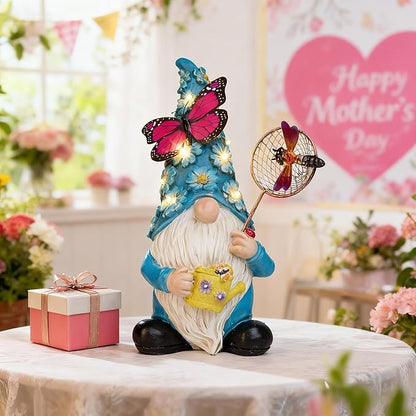 Garden Gnome Statues Outdoor Decor Solar Gnomes with Butterfly on LED Lighted Flowers, Resin Blue Gnomes Sculpture for Patio Yard Lawn Onament Decoration