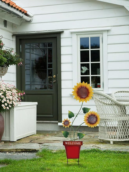 hogardeck Garden Decor for Outside, 39" Sunflower Pot Decorative Garden Stakes for Spring Outdoor Decor, Metal Yard Art Sunflower Welcome Sign for Porch Patio Lawn Pathway Backyard Decorations