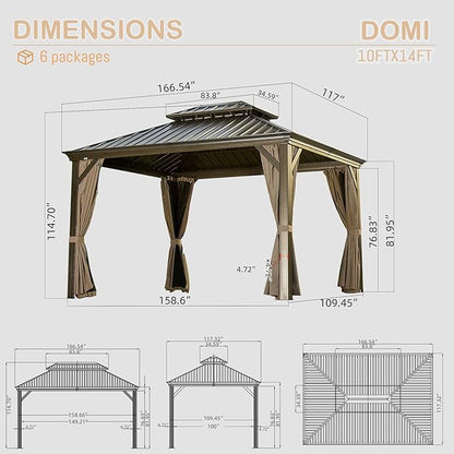 Domi 10' X 14' Hardtop Gazebo Permanent Outdoor Gazebo with Galvanized Steel Double Roof, Aluminum Frame, Curtains and Netting for Patio Lawn and Garden, Brown