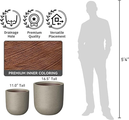 Kante 11.0" Round Concrete Planter, Large Cylinder Plant Pot with Curved Bottom and Drainage Hole, for Indoor and Outdoor Use – Garden or Patio, Weathered Concrete Finish with Warm Brown Interior