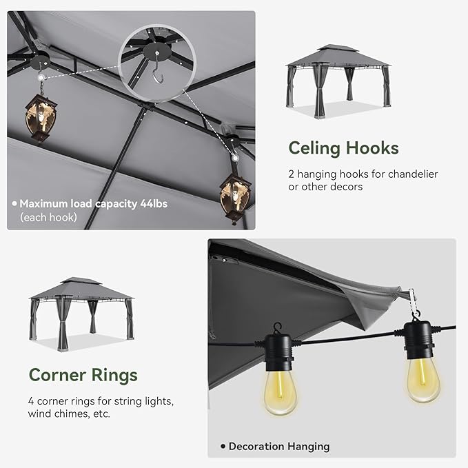 AOXUN Outdoor Gazebo for Patio 10x13, Metal Frame Canopy with Double Roofs, Heavy Duty Party Tent and Shelter with Mosquito Nettings for Backyard, Lawn, Garden, Deck (Gray/no Privacy Screen)