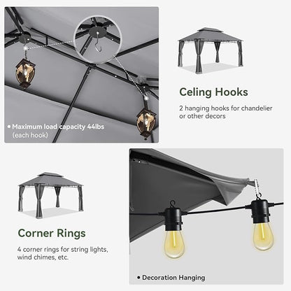 AOXUN Outdoor Gazebo for Patio 10x13, Metal Frame Canopy with Double Roofs, Heavy Duty Party Tent and Shelter with Mosquito Nettings for Backyard, Lawn, Garden, Deck (Gray/no Privacy Screen)