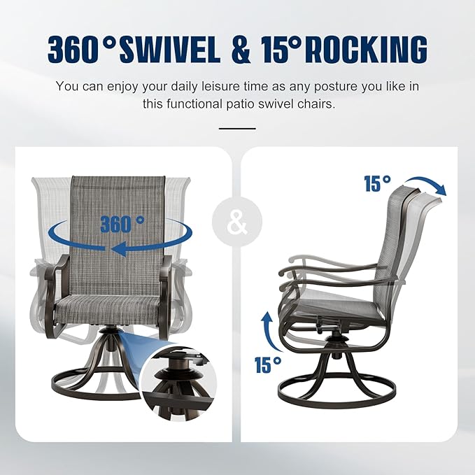 UDPATIO Patio Swivel Chairs Set of 4, Outdoor Swivel Chairs High Back with All Weather Textilene Metal Rocking Frame for Lawn Garden Backyard, Gray White