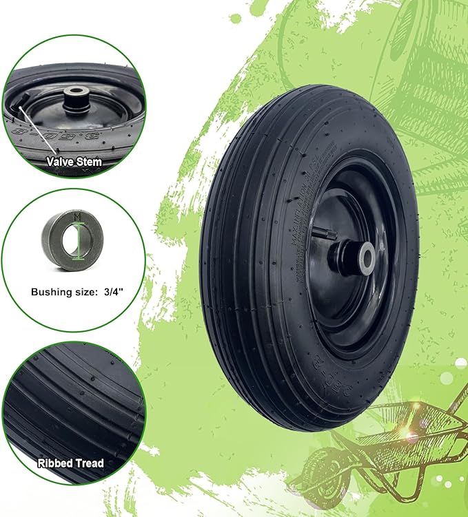 2-Pack 14.5-Inch Wheelbarrow Tire.3.50-8" Pneumatic Tires and wheels with 3"- 6" Center Hub and 3/4" Bushings for Wheelbarrow Lawn Mover Replacement.