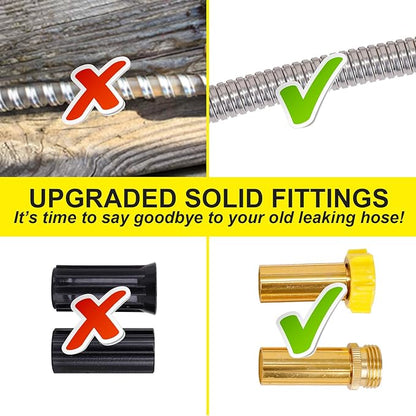 FOXEASE Metal Garden Hose 100FT - Stainless Steel Heavy Duty Water Hose with Solid Metal Nozzle & 8 Function Sprayer, Portable & Lightweight Kink Free Yard Hose, Outdoor Hose