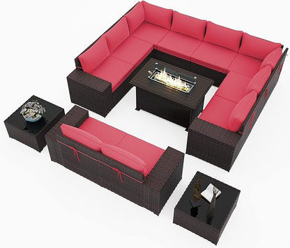 Outdoor Patio Furniture Set with Propane Fire Pit Table, 13 Pieces Outdoor Furniture Patio Sectional Sofa Conversation Sets w/ETL Approved 43" Gas Outdoor Fire Table & Coffee Table Red.