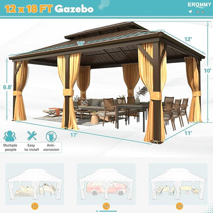 EROMMY 12'x18' Gazebo Hardtop, Galvanized Steel Double Roof Metal Gazebo with Aluminum Frame, Permanent Outdoor Pavilion with Curtain and Netting for Patio, Lawn and Garden, Brown