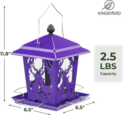 Kingsyard Metal Bird Feeder for Outdoor Hanging - Unique Design Wild Bird Hopper Feeder with 4 Perches and Rainproof Roof, Purple