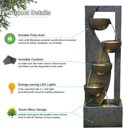 Outdoor-Water-Fountain Waterfalls Garden Fountain 5-Tier Outdoor Floor Standing Water Fountains with Natural Stones, LED Lights, Pump for Garden, Living Room, Patio, 49.2 Inches Tall
